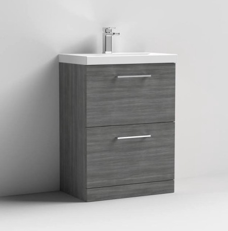 Nuie Arno Anthracite Woodgrain 600mm Floor Standing 2 Drawer Vanity Unit & Basin